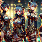 Four Blue-Haired Female Characters in Golden Armor on Ethereal Background