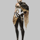 Futuristic female character in black and gold bodysuit with celestial motifs