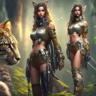 Armored female warriors with horse in golden armor on ethereal background