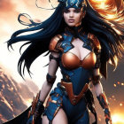 Futuristic digital artwork: Female character with long blue hair in armor on orange cosmic background