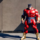 Muscular animated superhero in red and gold costume with blue cap standing confidently in sunlit area with long