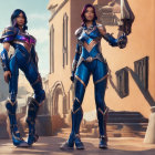 Futuristic female characters in purple hair and sleek armor in golden sci-fi cityscape