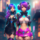 Stylized female characters with green hair in cosmic outfits and neon lights.