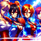 Anime-style female characters in blue uniforms with cosmic backdrop