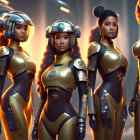 Three futuristic female warriors in gold and black armor suits in a sci-fi setting.