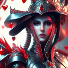 Mystical woman adorned in ruby red gems and silver costume with swirling shapes