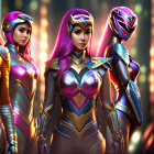 Futuristic warriors in reflective purple and gold armor pose confidently