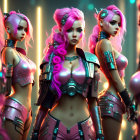 Futuristic female characters with pink hair and cybernetic armor in neon-lit scene