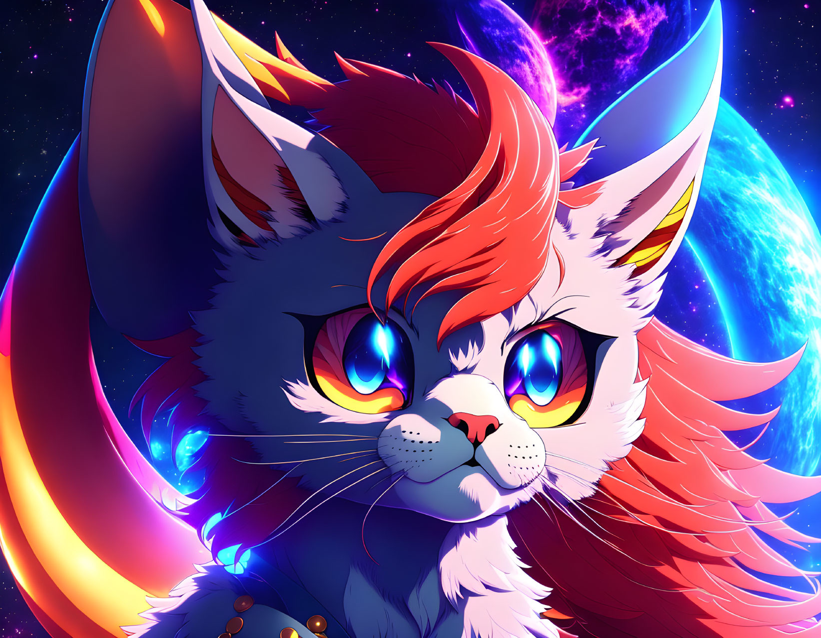 Vibrant anthropomorphic feline in blue and orange fur on cosmic backdrop