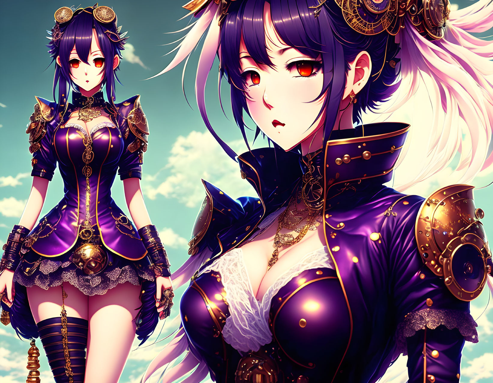 Anime-style female characters in elaborate purple fantasy outfits with golden armor accents against a vibrant sky background.