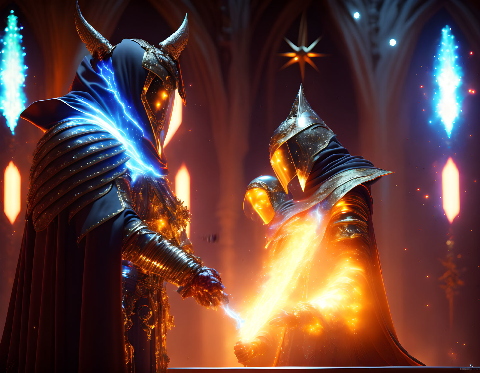 Armored figures with glowing weapons in cathedral-like setting