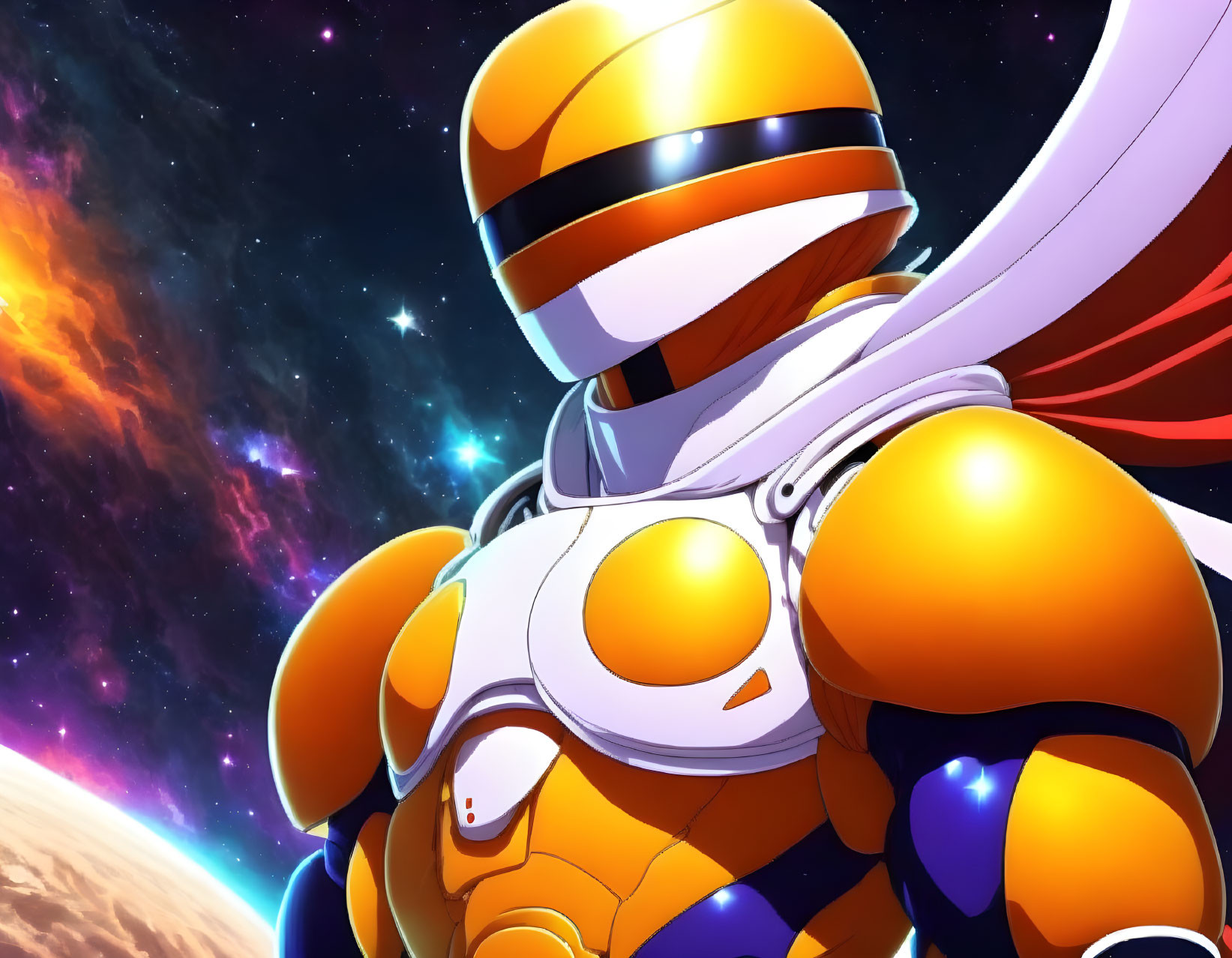 Orange and white space suit animated character against cosmic backdrop.