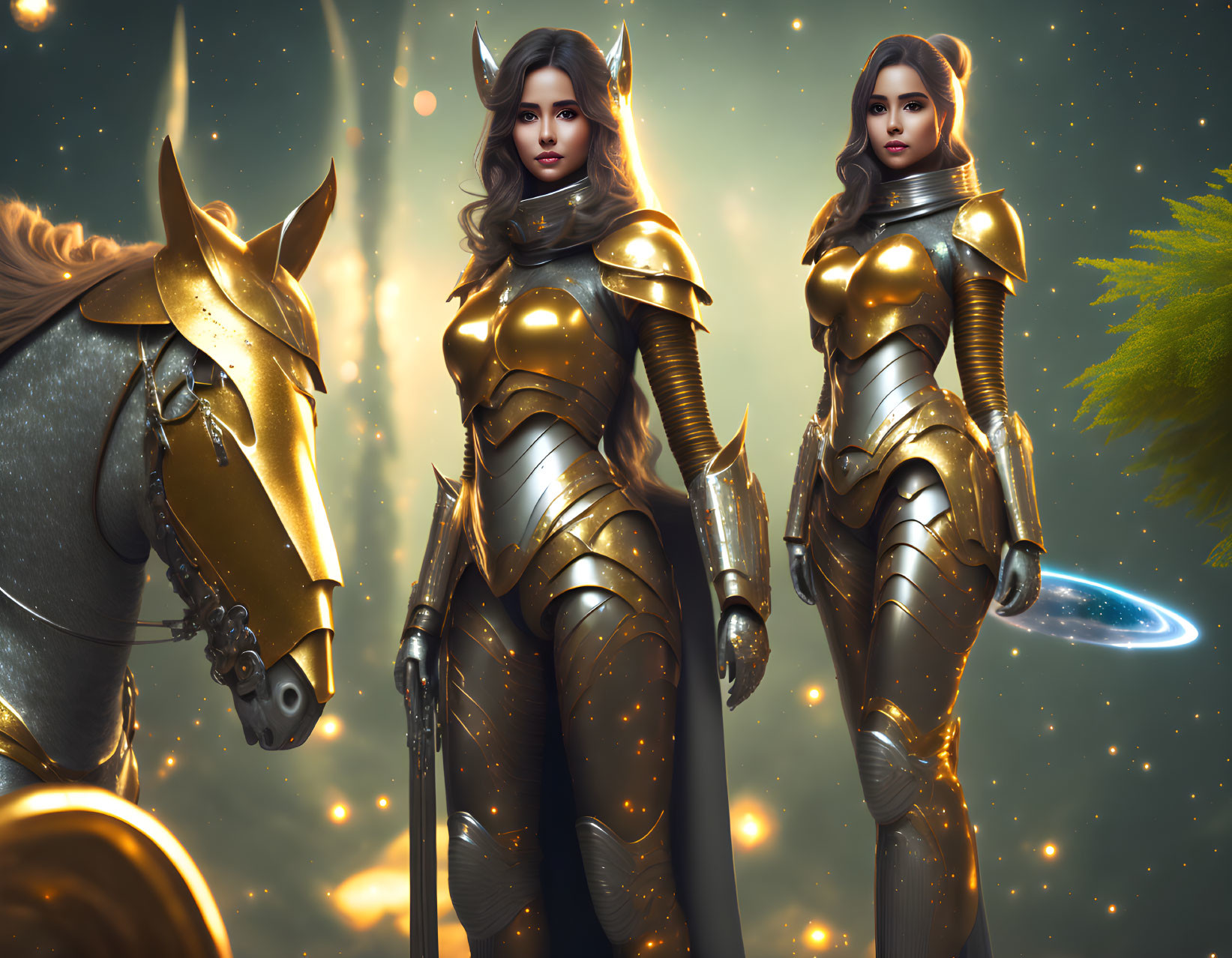 Armored female warriors with horse in golden armor on ethereal background