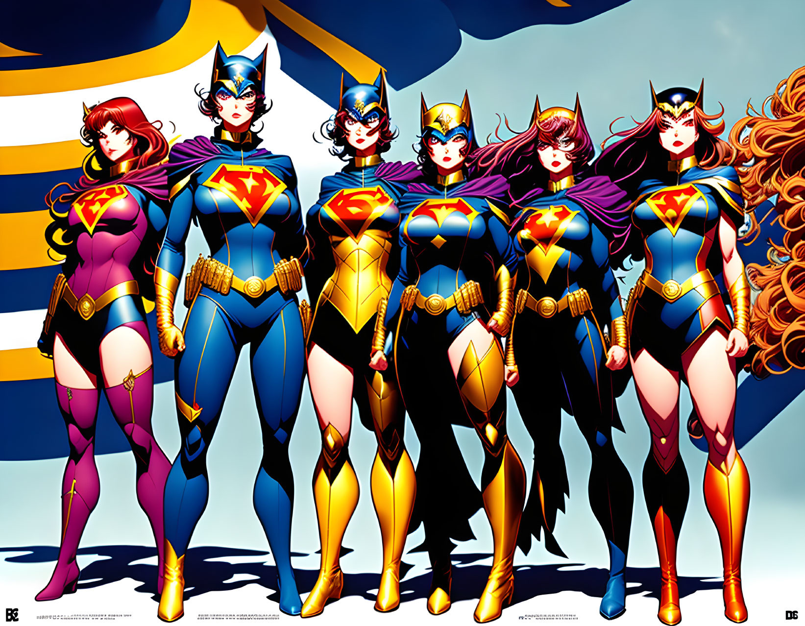 Seven Female Superheroes in Wonder Woman-Inspired Costumes on Striped Background