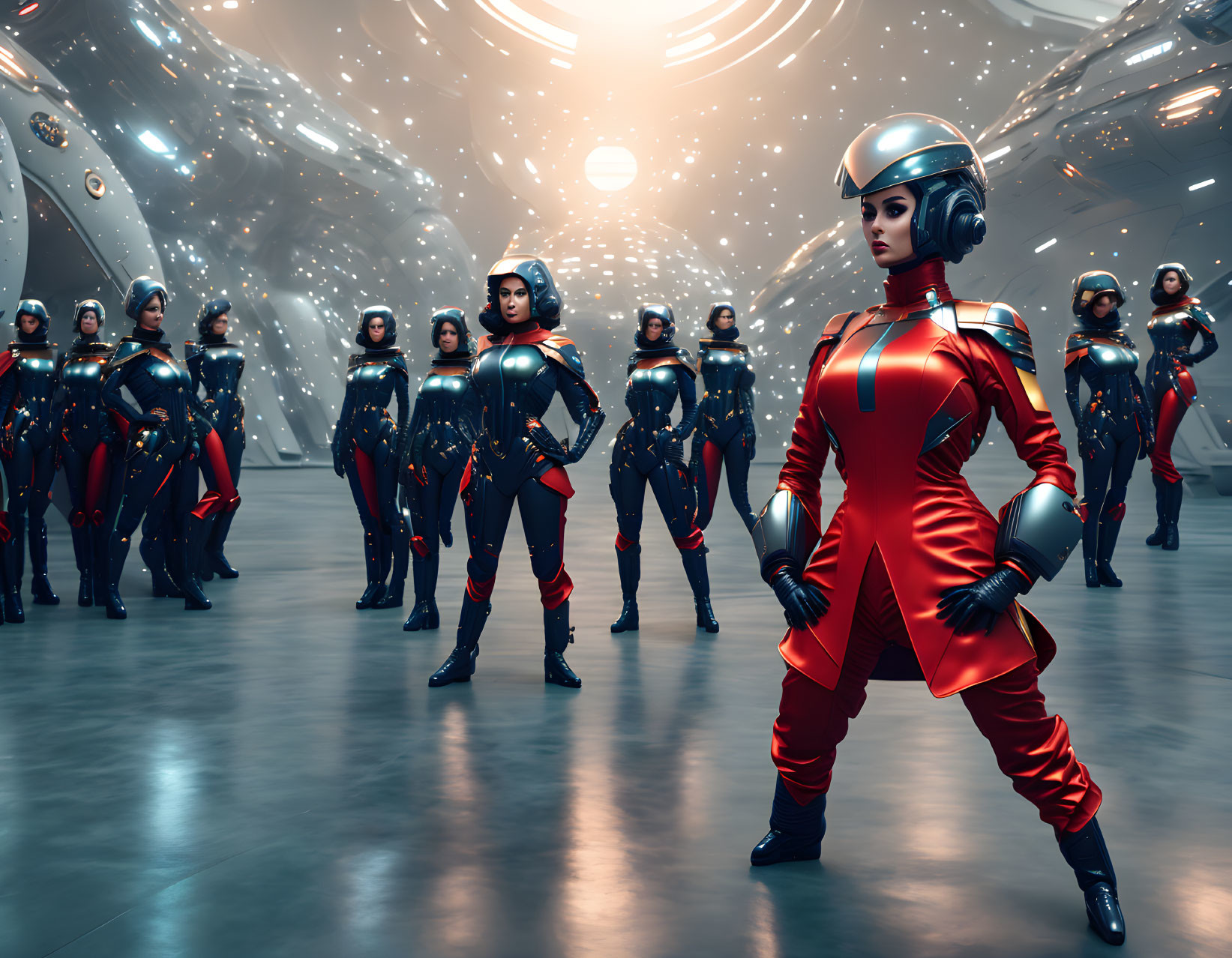 Group of people in futuristic space suits inside spacecraft, one in red suit