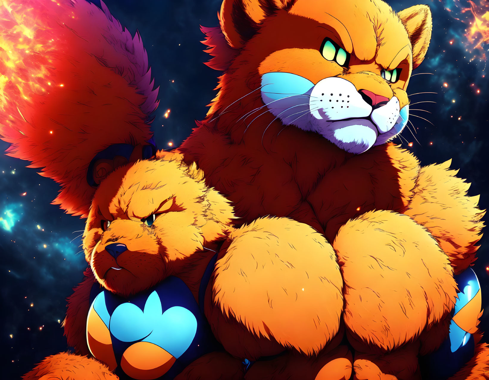 Stylized muscular orange felines with fiery manes in cosmic setting