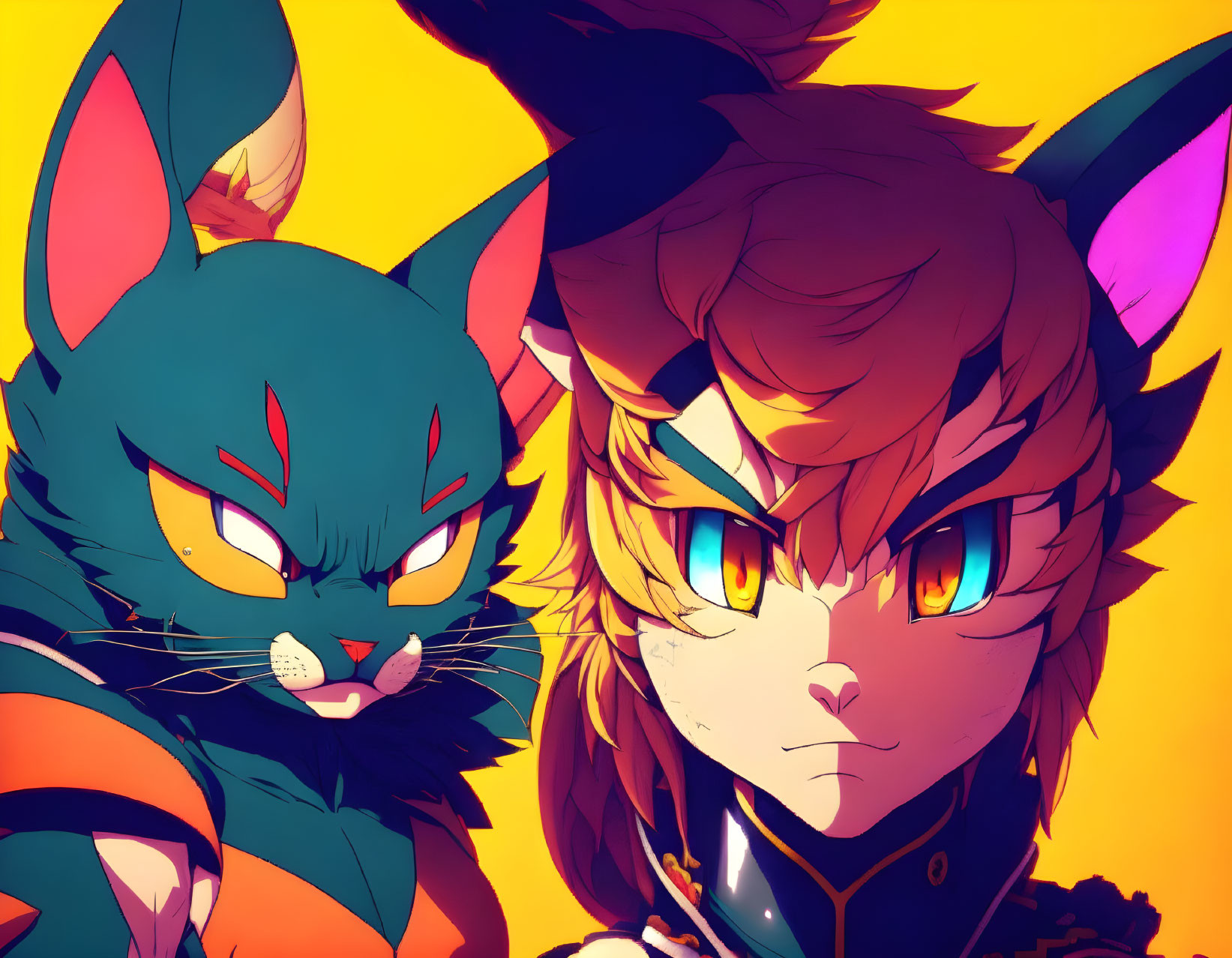 Two feline characters in dark blue and orange, and fiery orange and yellow color palettes.