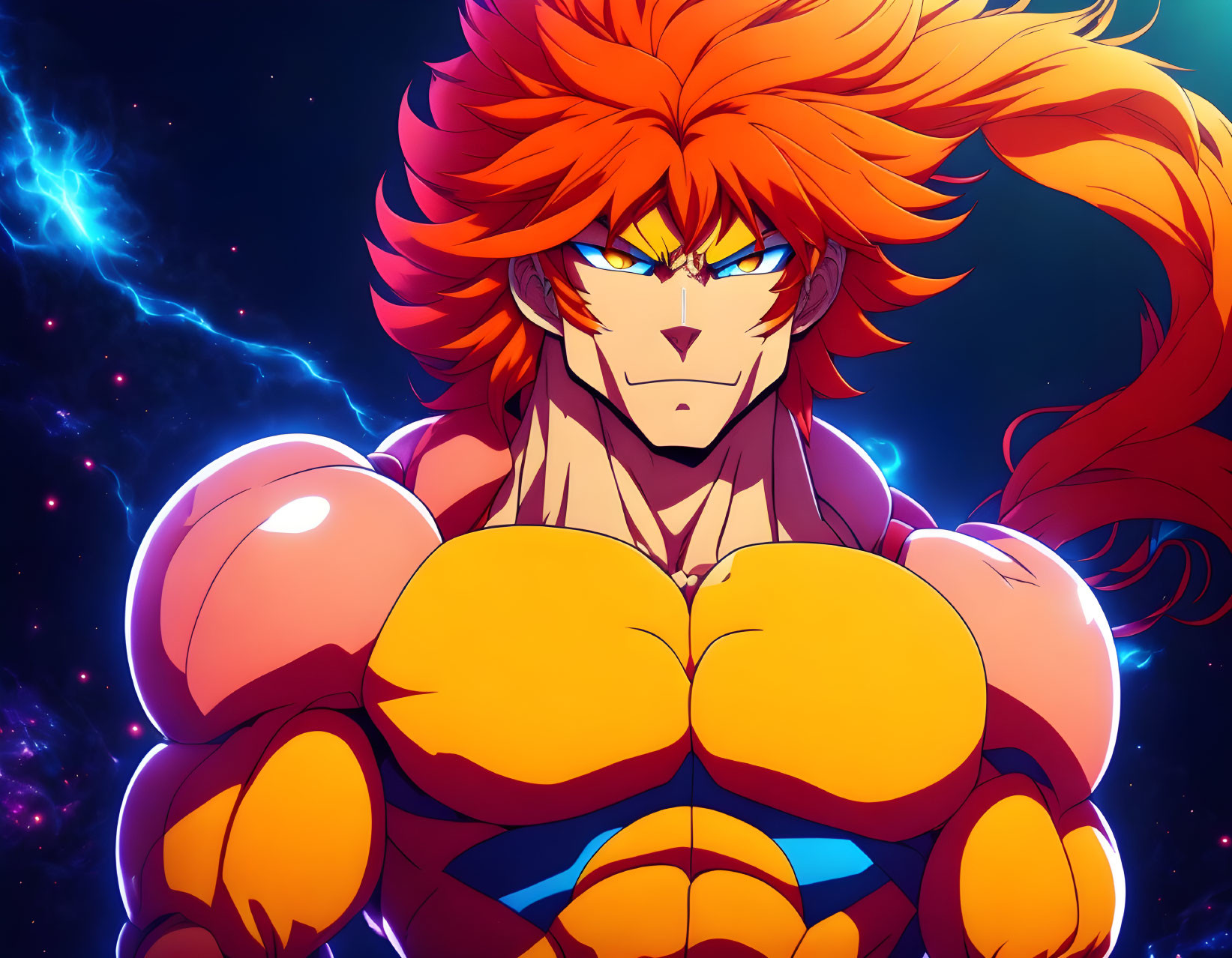 Muscular anime character with red hair in cosmic setting