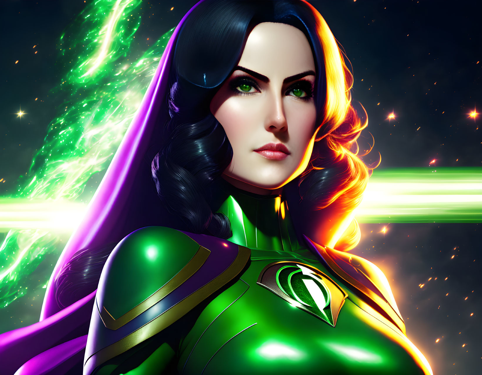 Female Green Lantern Corps superhero illustration with vibrant green cosmic backdrop