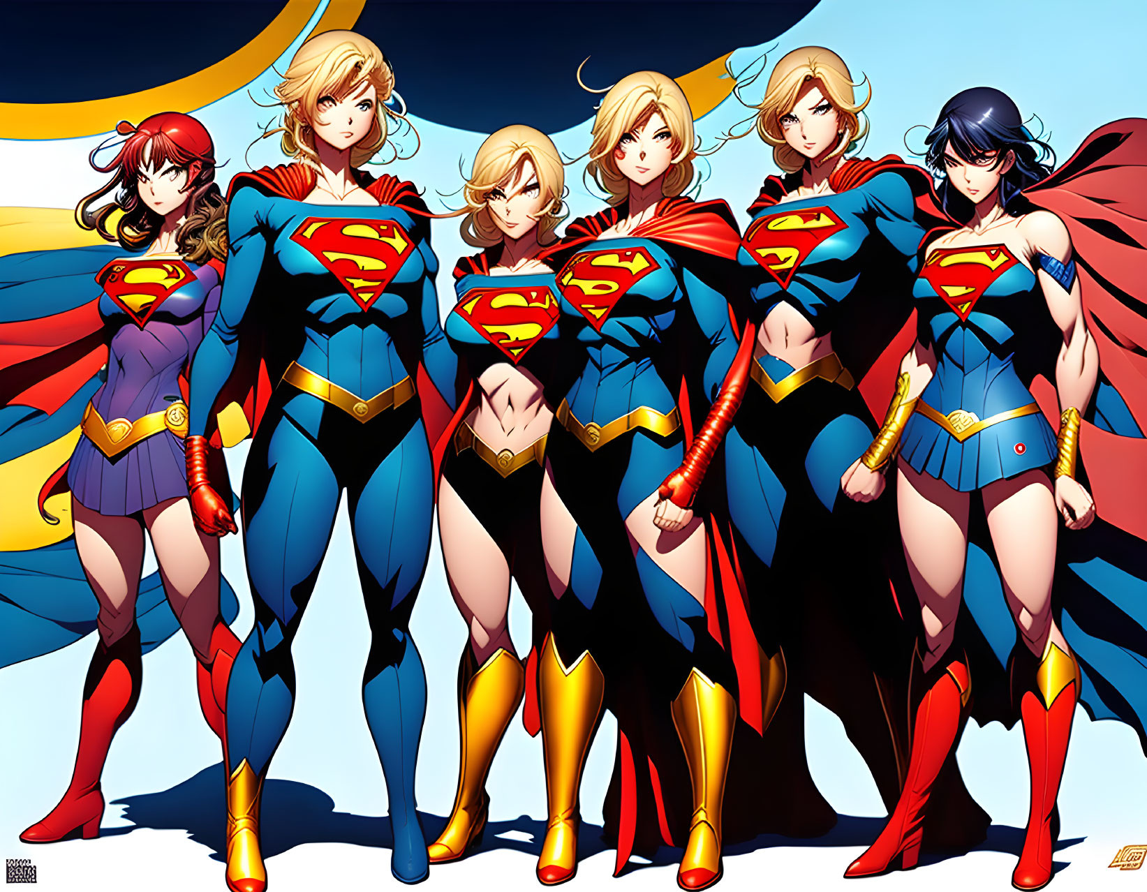 Seven super-heroines in varied Superman-inspired costumes pose confidently against a vibrant background