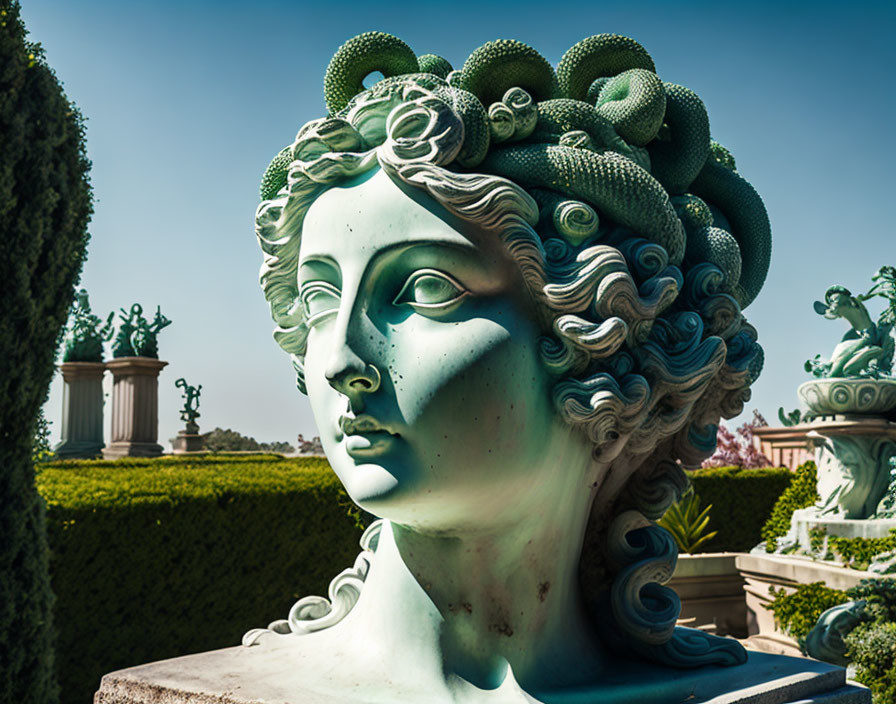 Classic Style Statue of Medusa with Serpentine Hair in Formal Garden Setting