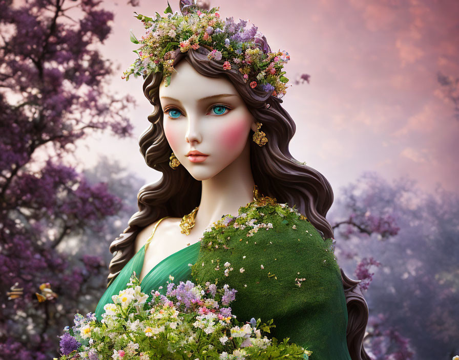 Vibrant 3D woman with floral crown and bouquet in purple tree landscape