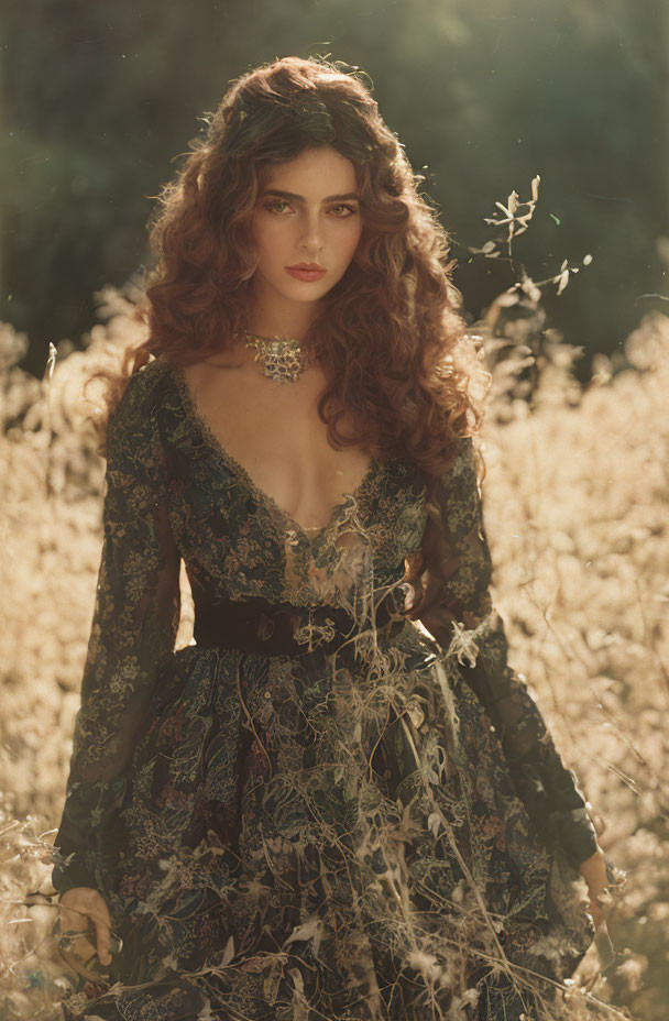 Curly Red-Haired Woman in Black Lace Dress Standing in Sunlit Field