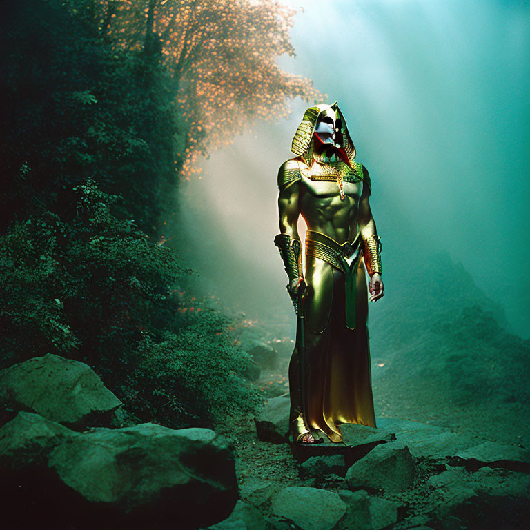 Elaborate Anubis costume in misty rocky terrain