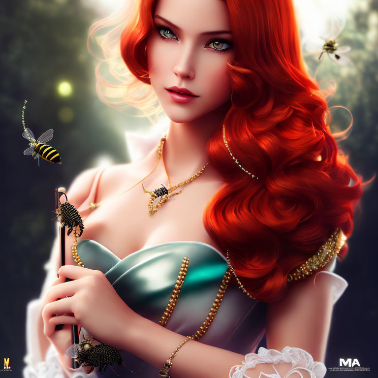 Vibrant red-haired woman with bee necklace in digital portrait