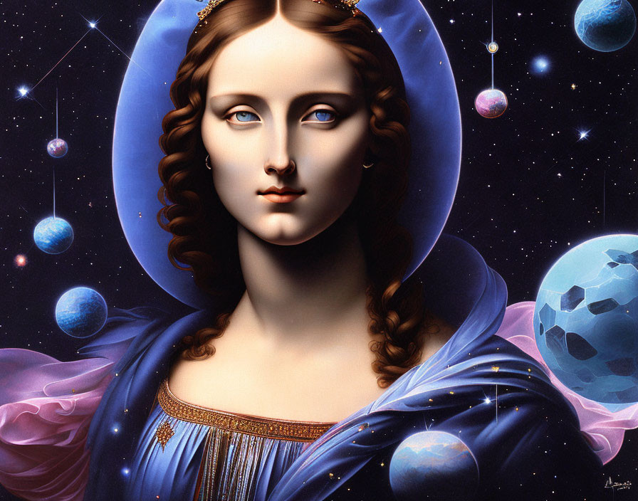 Surreal portrait of woman with cosmic features and planets orbiting her head