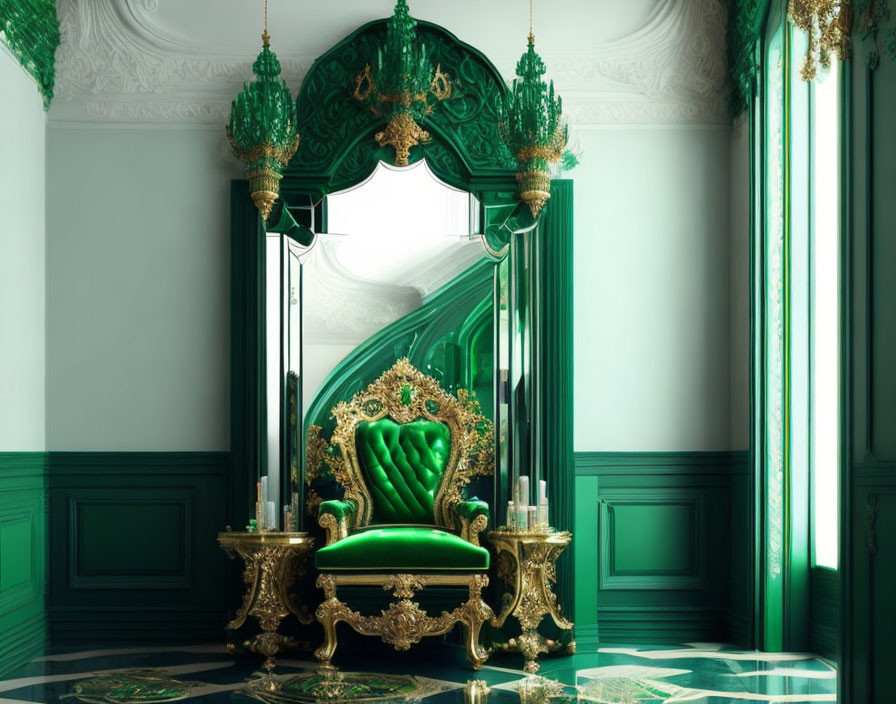 Golden-Green Throne with Intricate Detailing in Elegant Room