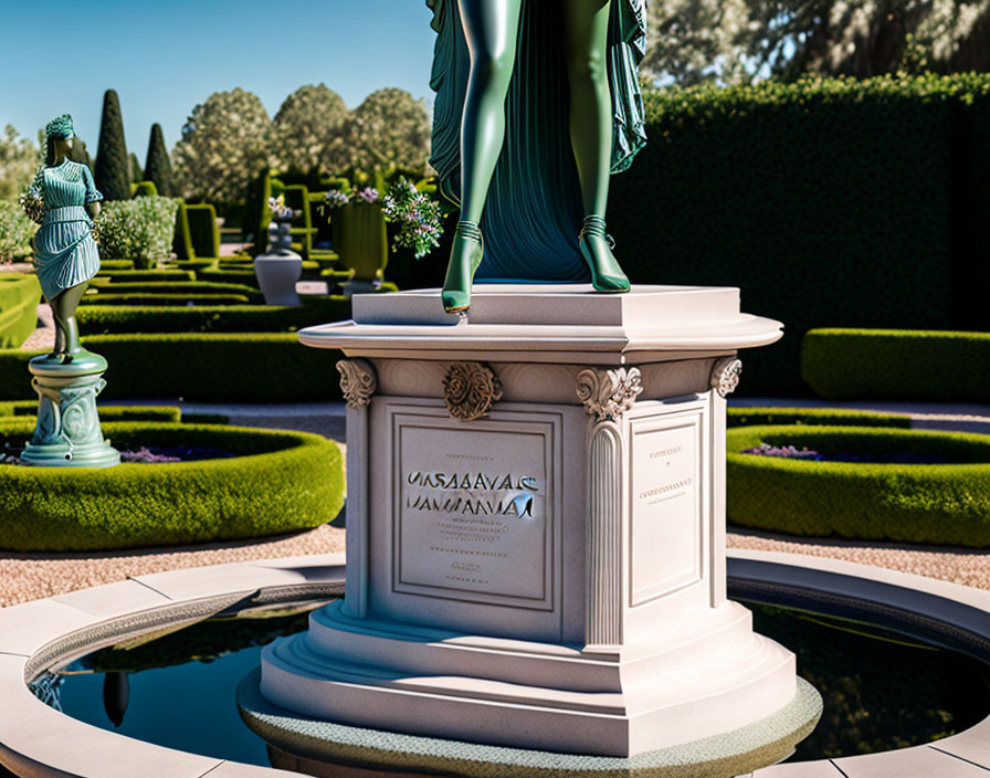 Manicured hedges, classical statues, and intricate pedestals in an ornate garden.