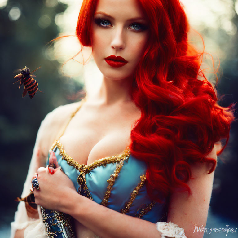 Vibrant red-haired woman with striking makeup and bee in nature scene