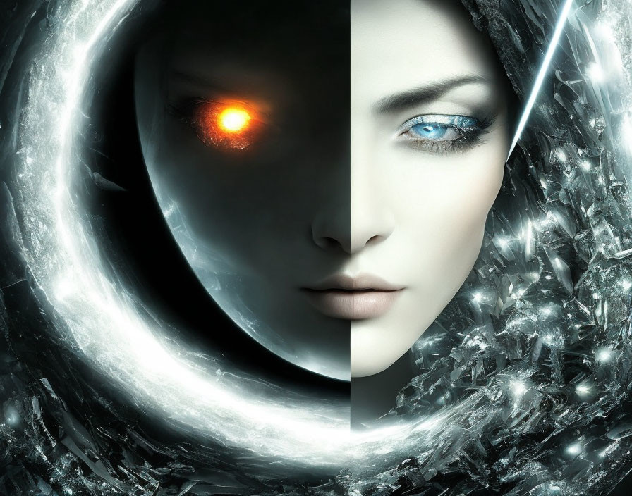 Digital artwork featuring contrasting faces with glowing red and blue eyes.