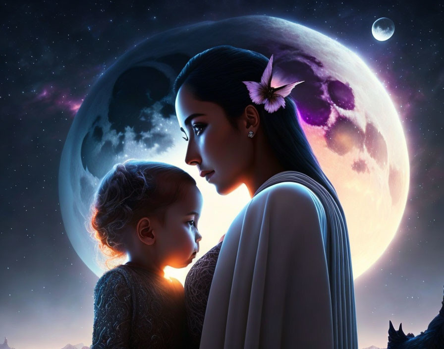 Woman and child under moonlit sky with stars, expressing wonder