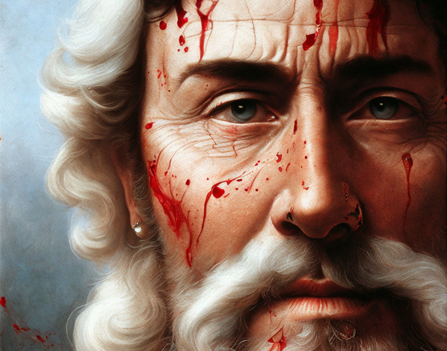 Close-up of painting: Man with white hair, beard, blood splatters