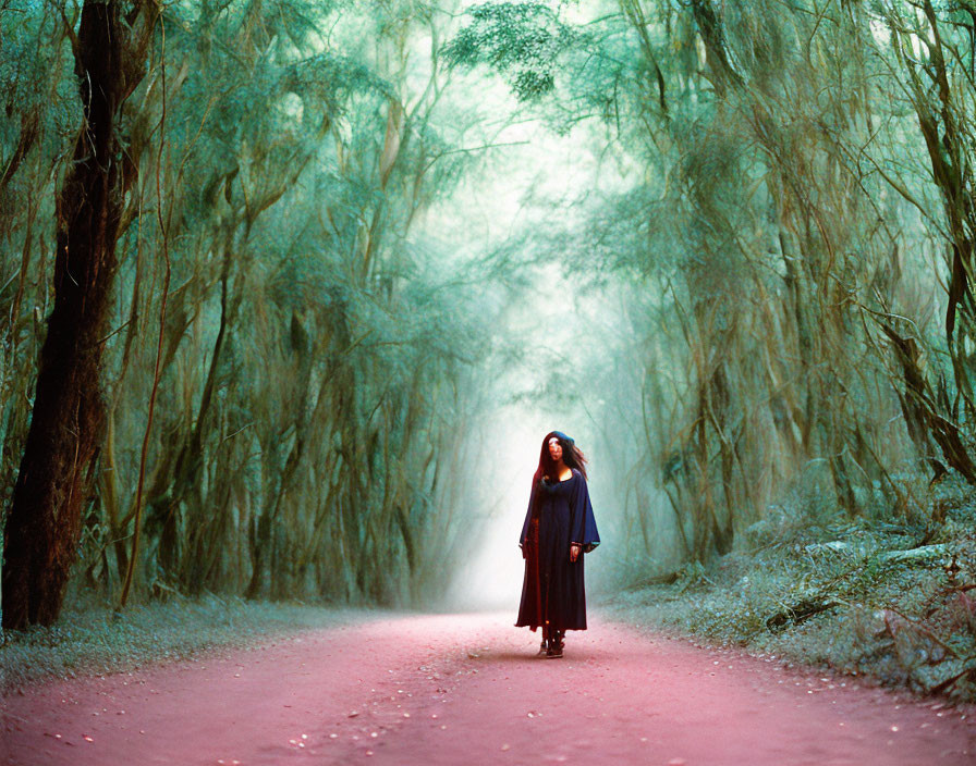 Person in mystical forest surrounded by willow trees and misty atmosphere