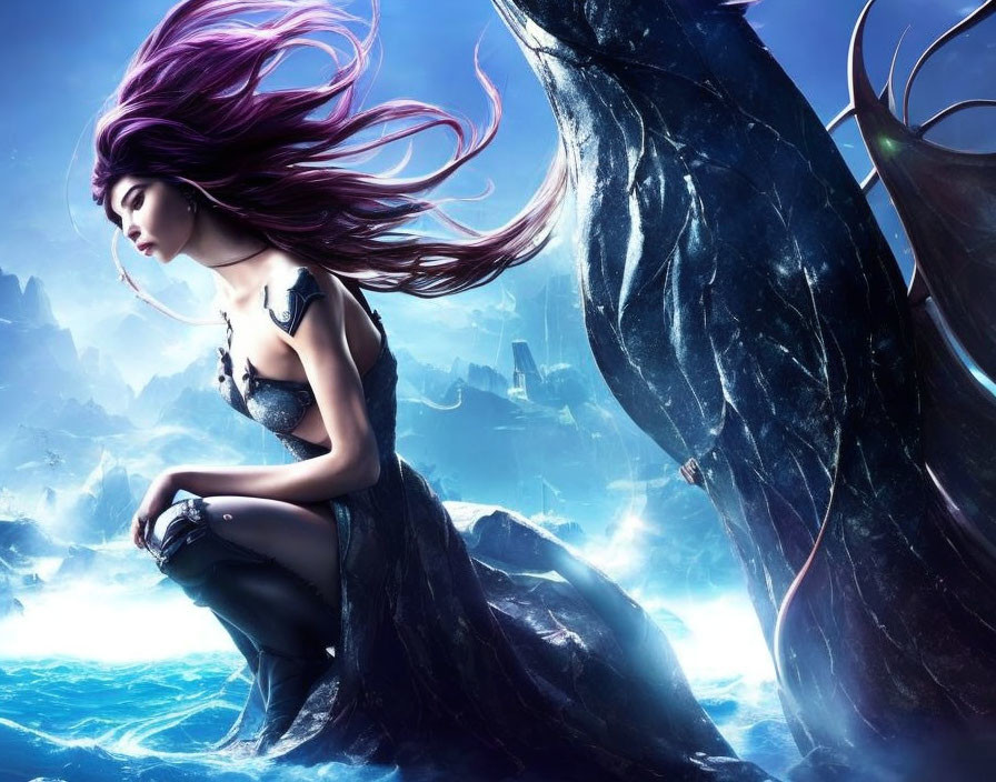 Fantastical digital art: Woman with purple hair beside dragon-like wing in mystical landscape