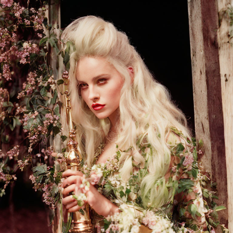 Blonde woman with red lipstick and candlestick among flowers