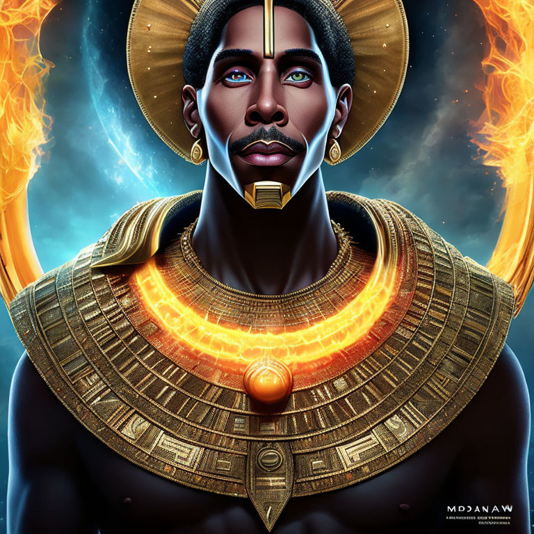 Male figure in Egyptian-inspired attire with golden neckwear and glowing halo.