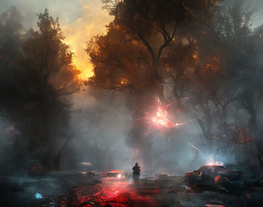 Chaotic scene of smoldering vehicles and trees under orange sky