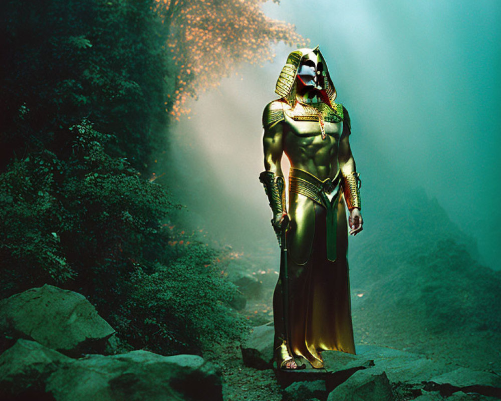 Elaborate Anubis costume in misty rocky terrain