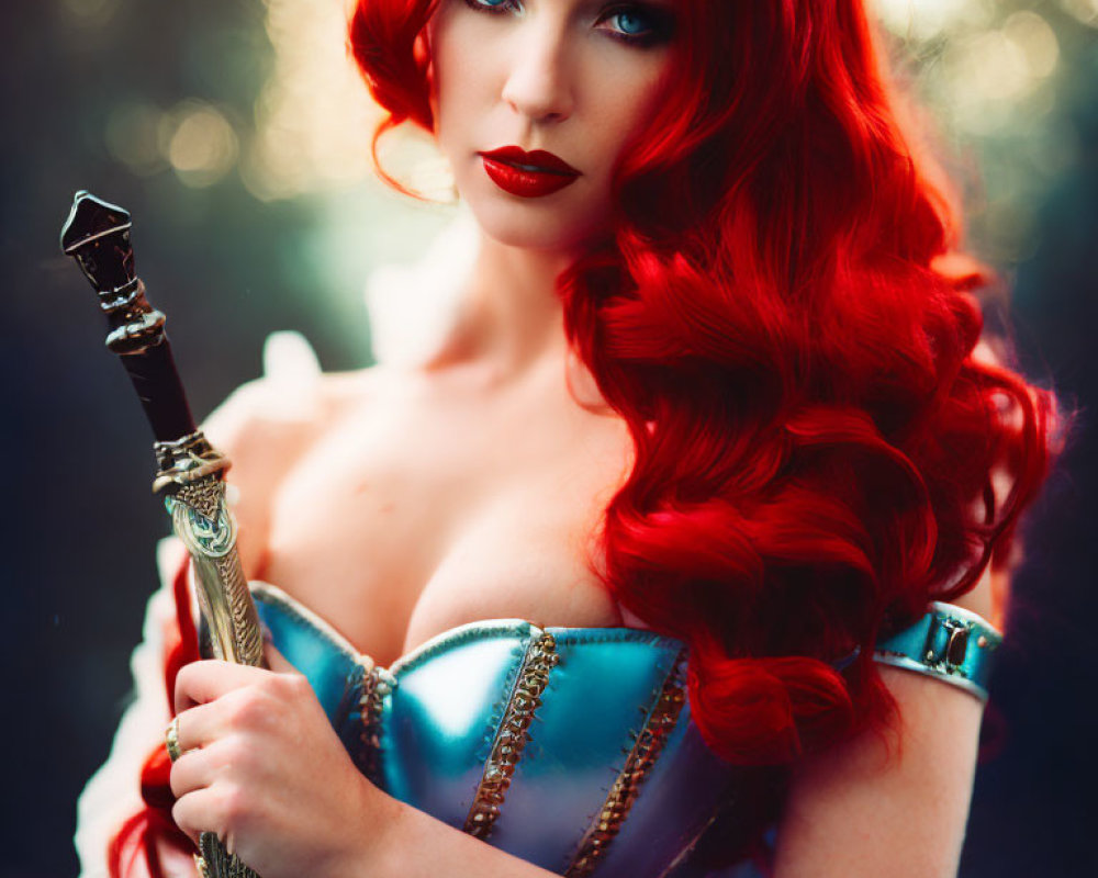 Vibrant red-haired woman in blue and gold corset with wand in enchanting forest.