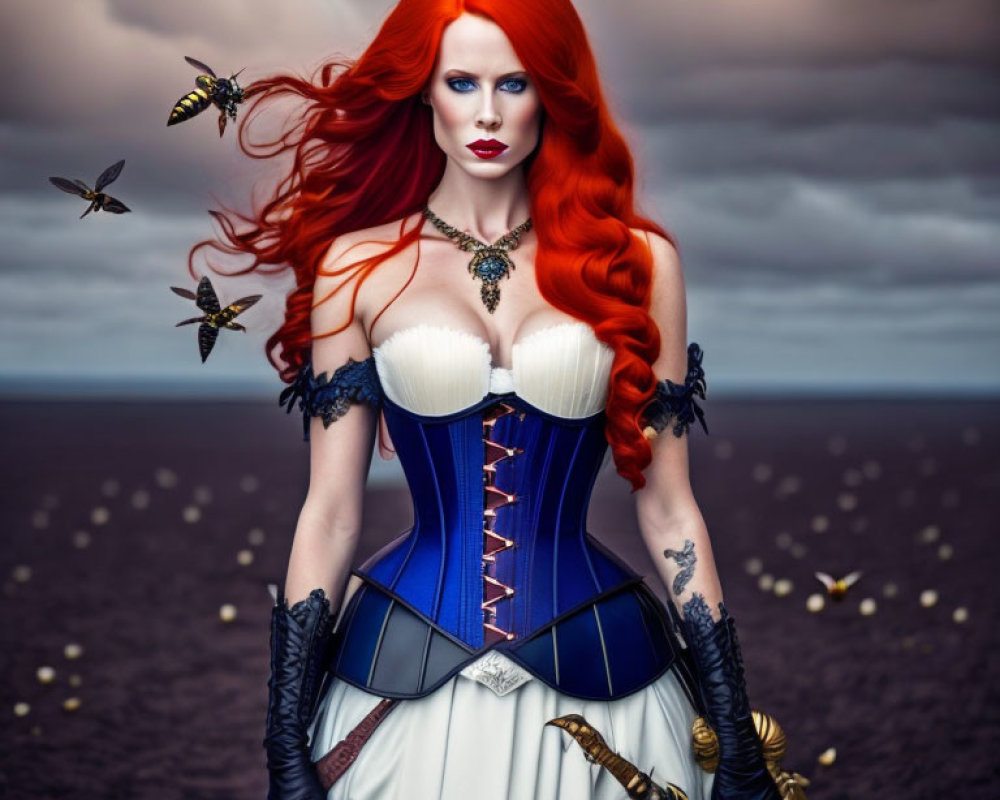 Vibrant red-haired woman in white and blue corset dress with flying butterflies on stormy sea