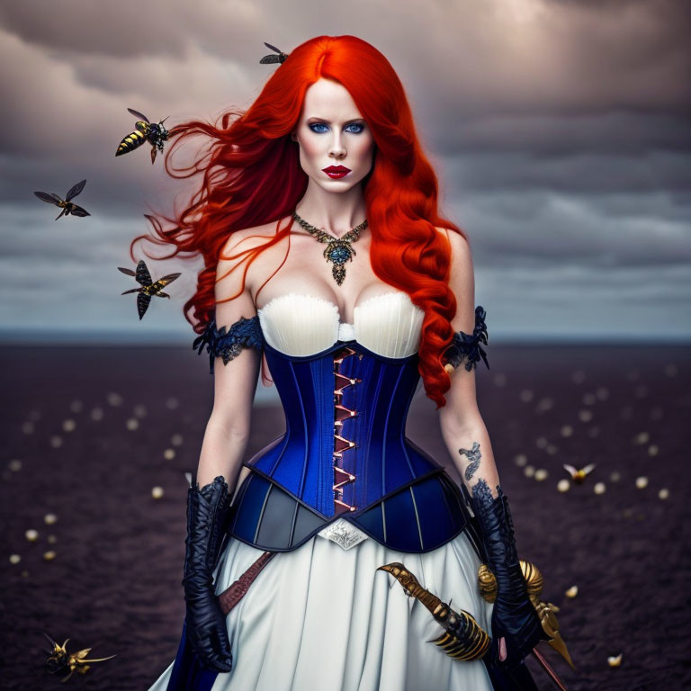 Vibrant red-haired woman in white and blue corset dress with flying butterflies on stormy sea