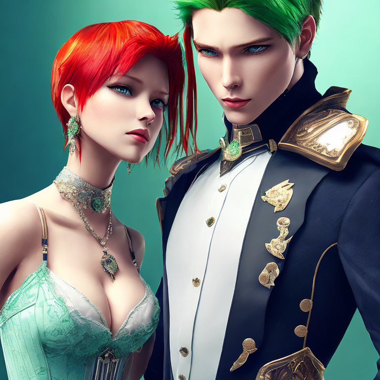 Stylized 3D-rendered characters: red-haired woman in green corset & green-haired