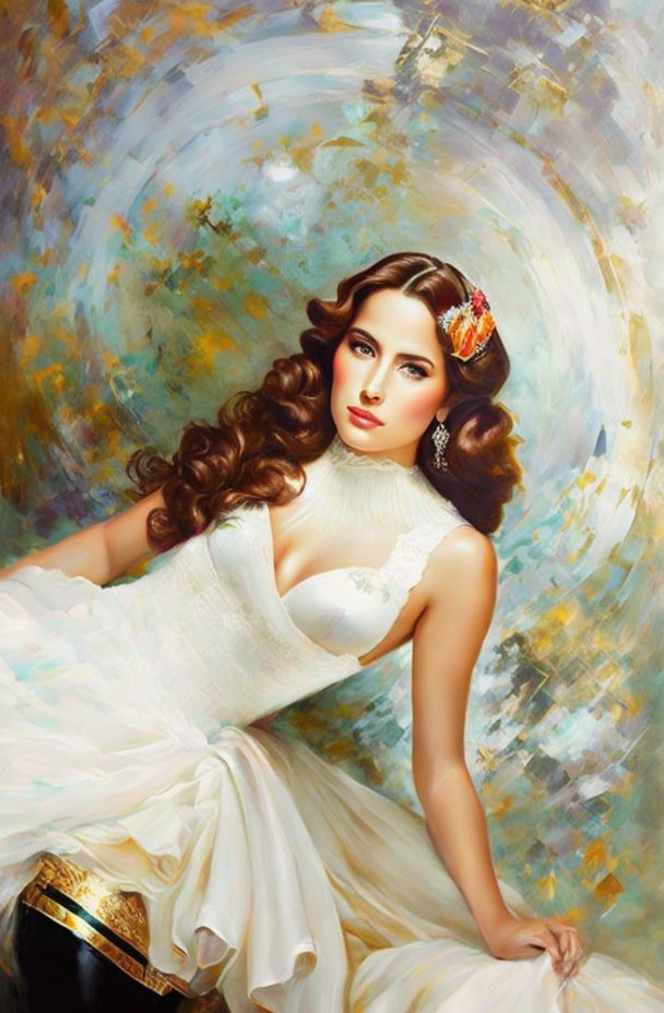 Portrait of woman with long brown hair in white dress with gold belt and jeweled hairpiece against swirling