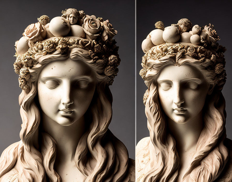 Classical-style bust of a woman with floral wreath and intricate hair detailing