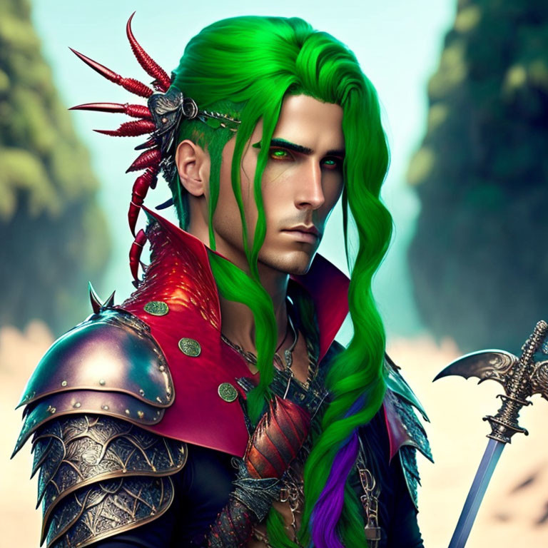 Fantasy elf warrior with green hair and red armor holding axe in forest.