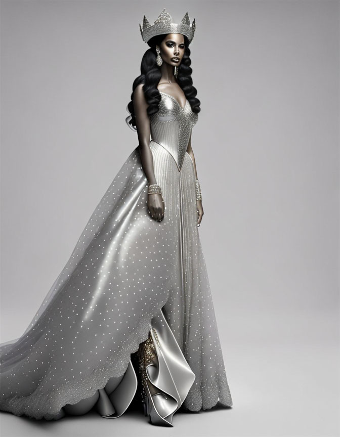 Elegant woman in silver gown and crown exudes regal grace